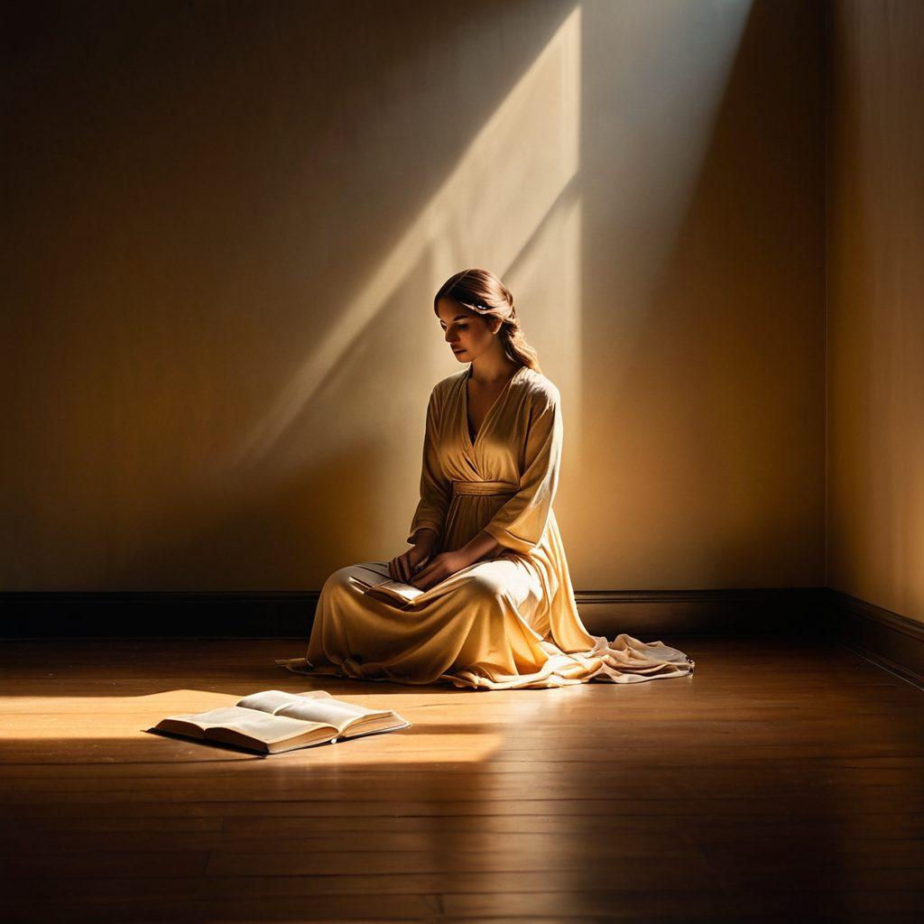 A serene figure sitting cross-legged in a dimly lit room, surrounded by soft, warm light that contrasts with dark, flowing shadows in the corners. Delicate beams of hope appear as golden rays piercing through the darkness, illustrating the journey of finding inner strength. Include elements like a flickering candle, open book, and gentle floral motifs to evoke tranquility. surreal, warm tones, ethereal lighting.