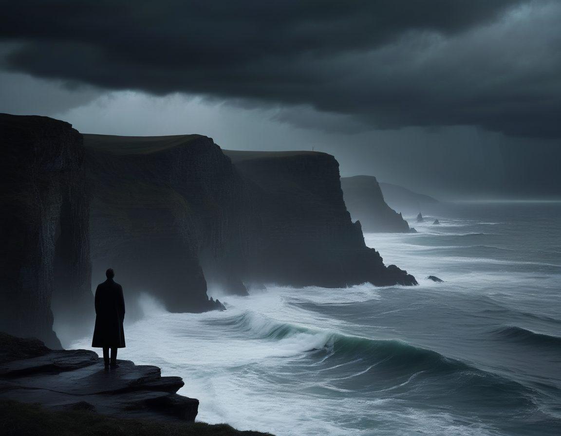 A solitary figure standing on the edge of a shadowy cliff, gazing at a stormy sea under a somber sky filled with turbulent clouds. Surrounding the figure are swirling mists and faint echoes of ghostly silhouettes, representing lost memories. The scene captures a blend of melancholy and beauty, with dark blues and grays dominating the palette. ethereal lighting accentuates the emotions of sorrow and longing. super-realistic. dark and moody tones.