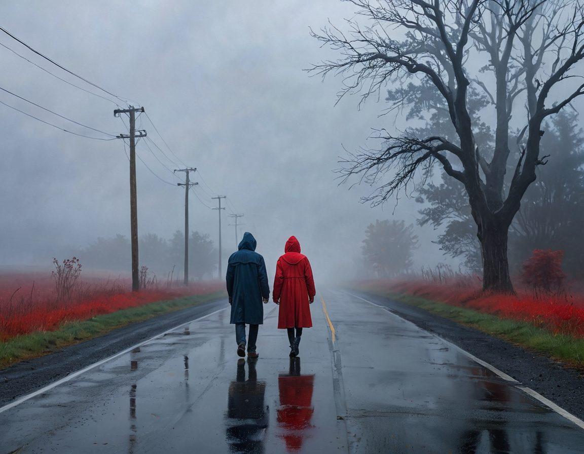 A solitary figure standing on a misty road, enveloped in shadows, with rain gently falling around. The vibrant red and deep blue hues contrast against a gloomy gray sky, symbolizing emotional struggle. Wisps of fog curl around the figure, suggesting introspection and sadness. Splashes of color around the character manifest moments of hope amidst melancholy. super-realistic. vibrant colors. dramatic contrasts.